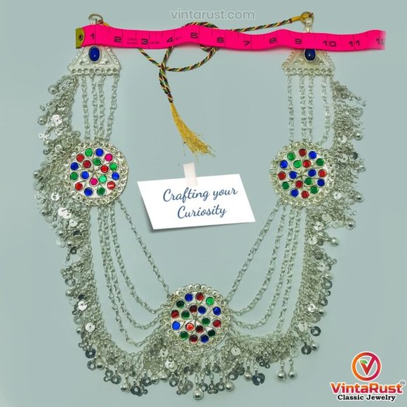 Multilayers Silver Bib Necklace With Dangling Tassels and Three Big Motifs - Picture 9 of 10